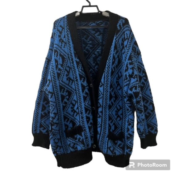 Womens Blue Black Aztec Tribal Pattern Knit Cardigan Sweater Pockets Sz LG/XL - Picture 1 of 10